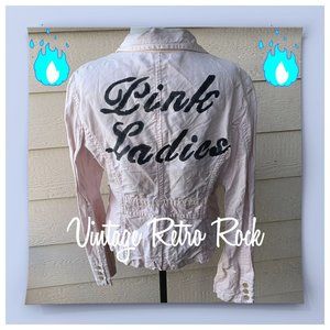 J. Crew Handpainted Pink Ladies Denim Jean Jacket Women Casual Retro Gre…